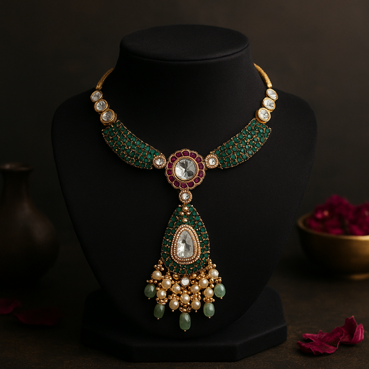 Emerald Kundan Royale Long Pendant Set