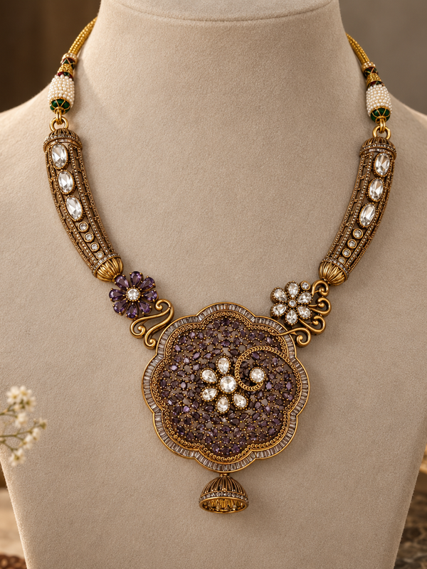 Meher Amethyst Floral Necklace & Jhumka Set