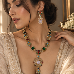 Mehr Navratna Long Necklace & Earrings Set