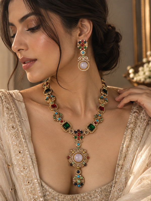 Mehr Navratna Long Necklace & Earrings Set