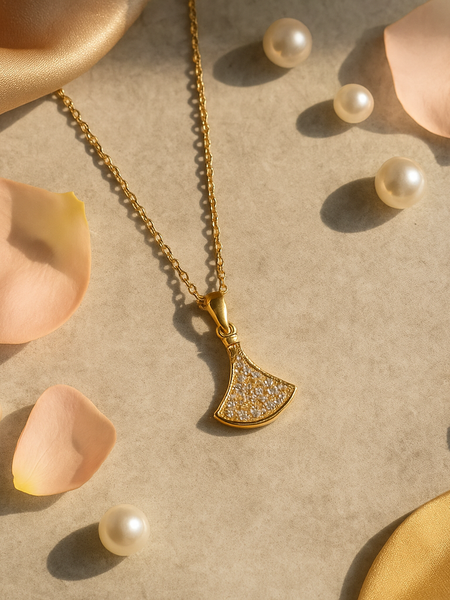 Gold Fan Pendant Necklace – Elegant Polished Finish, Adjustable Chain, Dainty Stone Detailing