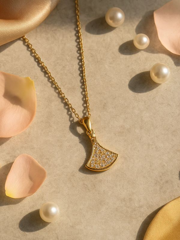 Gold Fan Pendant Necklace – Elegant Polished Finish, Adjustable Chain, Dainty Stone Detailing