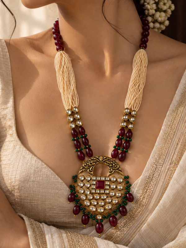 Meher Ruby & Emerald Polki Mala Necklace Set