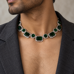 Zavian Emerald & American Diamond Silver-Plated Men's Necklace