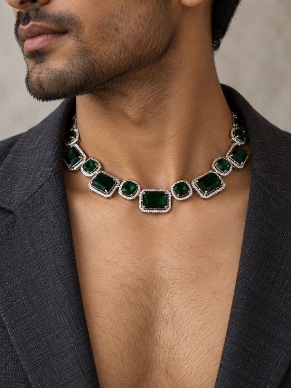 Zavian Emerald & American Diamond Silver-Plated Men's Necklace