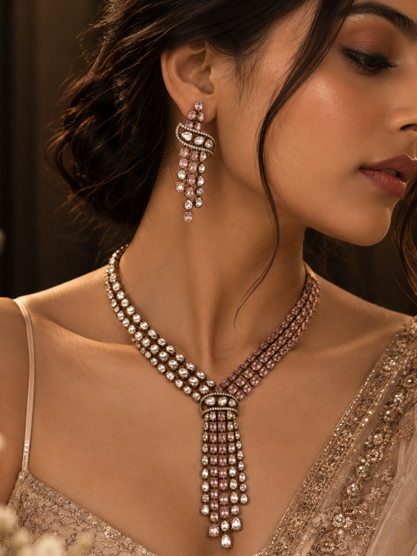 Roshanara Blush Polki Necklace & Earrings Set