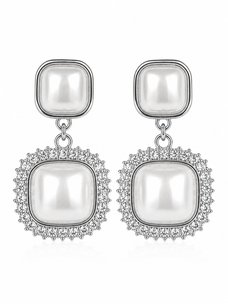 Luna Pearl Halo Drop Earrings (Silver)