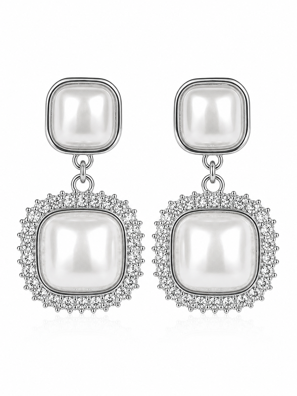 Luna Pearl Halo Drop Earrings (Silver)