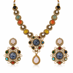 Nayab Navratna Necklace & Earrings Set