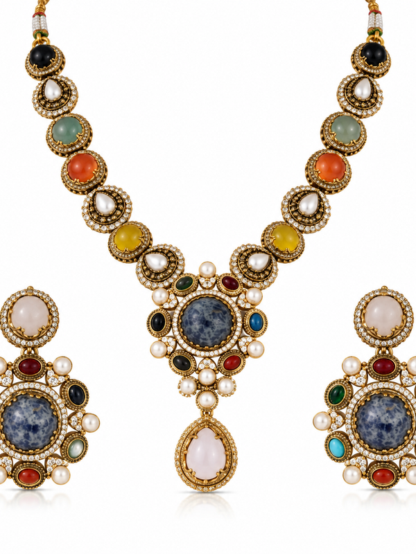 Nayab Navratna Necklace & Earrings Set