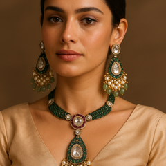Emerald Kundan Royale Long Pendant Set