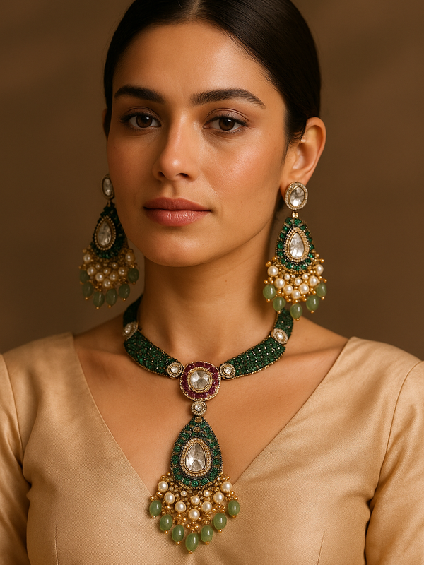 Emerald Kundan Royale Long Pendant Set