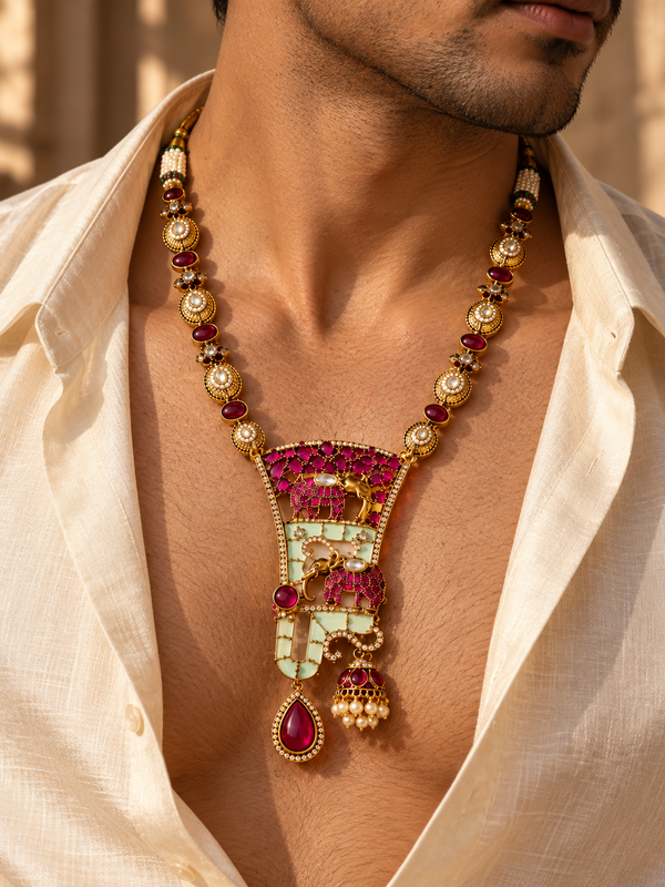 Gajraj Darbar Ruby & Mint Kundan Men's Statement Necklace