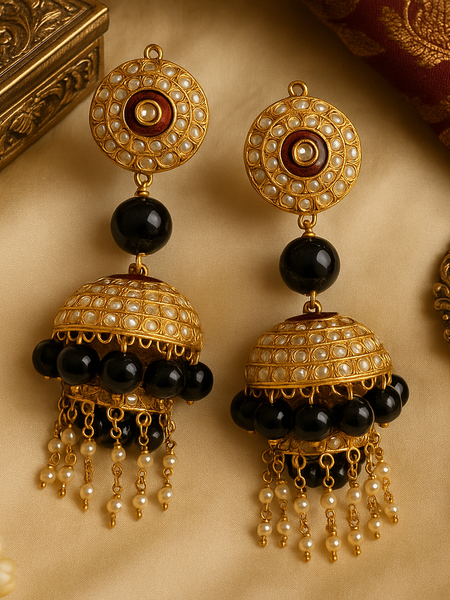 Ruhani Black & Pearl Jhumka Earrings