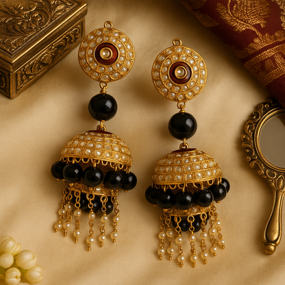 Ruhani Black & Pearl Jhumka Earrings