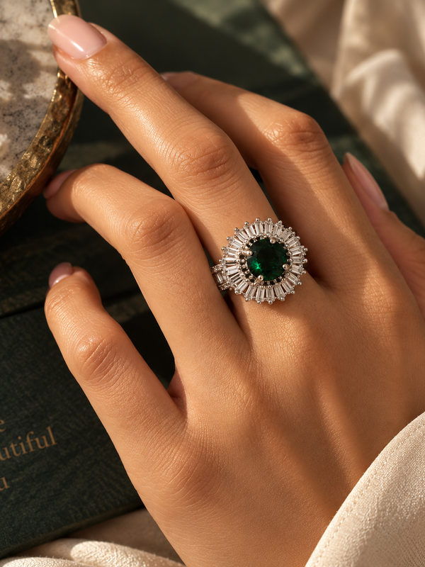 Zoya Emerald Halo Statement Ring