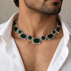 Zavian Emerald & American Diamond Silver-Plated Men's Necklace