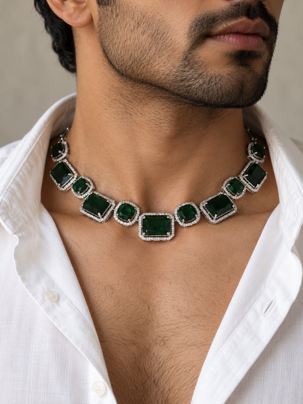 Zavian Emerald & American Diamond Silver-Plated Men's Necklace