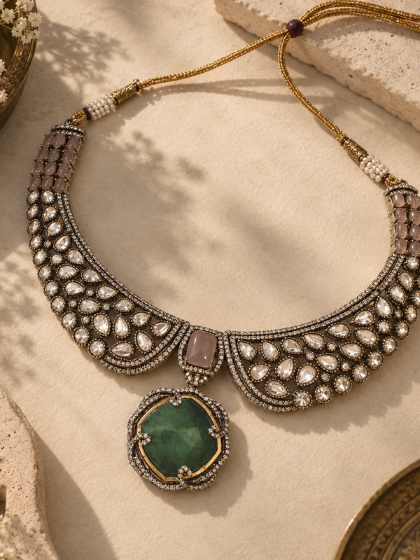 Zareen Emerald Polki Necklace & Earrings Set