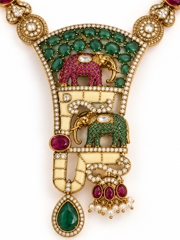 Gajraaj Emerald & Ruby Elephant Necklace Set