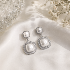 Luna Pearl Halo Drop Earrings (Silver)