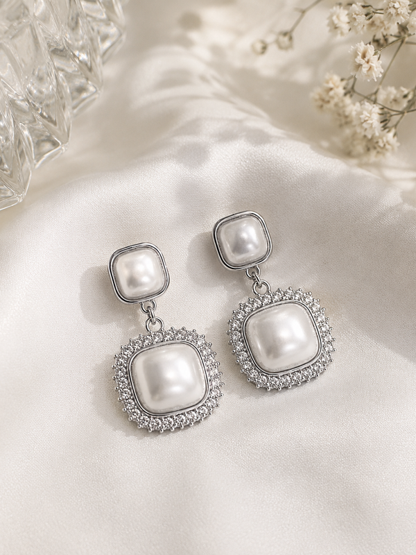 Luna Pearl Halo Drop Earrings (Silver)