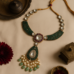 Emerald Kundan Royale Long Pendant Set