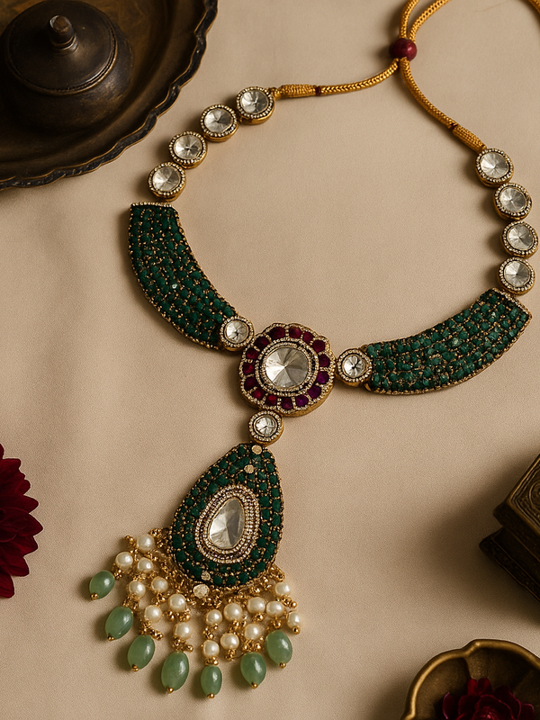 Emerald Kundan Royale Long Pendant Set