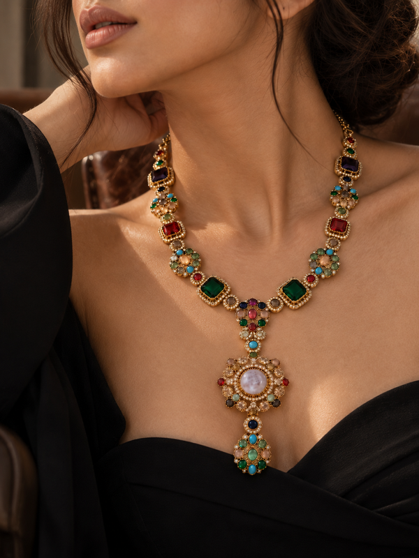 Mehr Navratna Long Necklace & Earrings Set