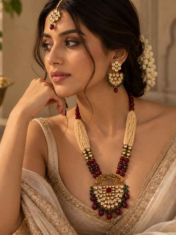 Meher Ruby & Emerald Polki Mala Necklace Set