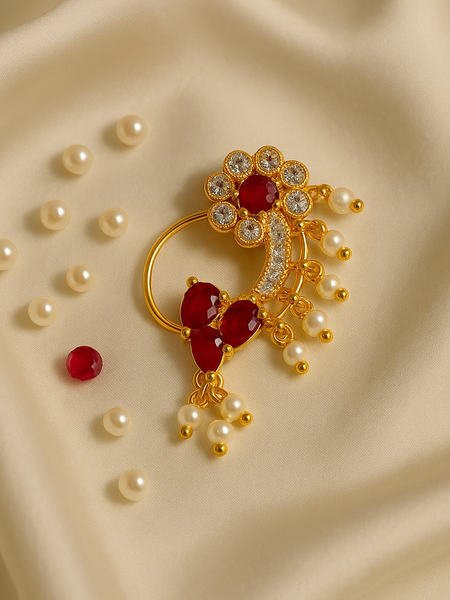 Floral Ruby & Pearl Maharashtrian Nath