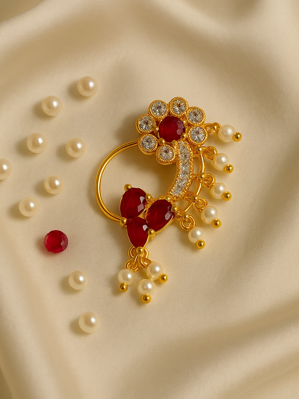 Floral Ruby & Pearl Maharashtrian Nath