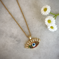 Evil Eye Pendant Necklace – Gold Polished, Adjustable Chain, Colourful Stones | Protection Jewelry