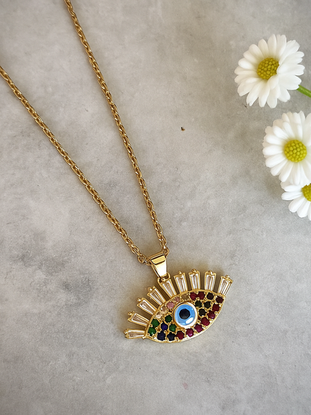 Evil Eye Pendant Necklace – Gold Polished, Adjustable Chain, Colourful Stones | Protection Jewelry