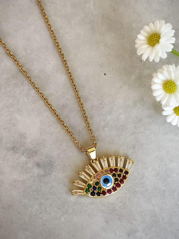 Evil Eye Pendant Necklace – Gold Polished, Adjustable Chain, Colourful Stones | Protection Jewelry