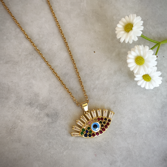 Evil Eye Pendant Necklace – Gold Polished, Adjustable Chain, Colourful Stones | Protection Jewelry