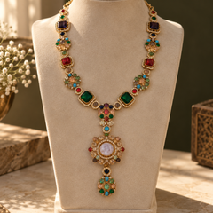 Mehr Navratna Long Necklace & Earrings Set
