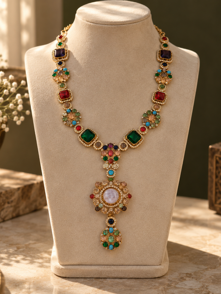 Mehr Navratna Long Necklace & Earrings Set