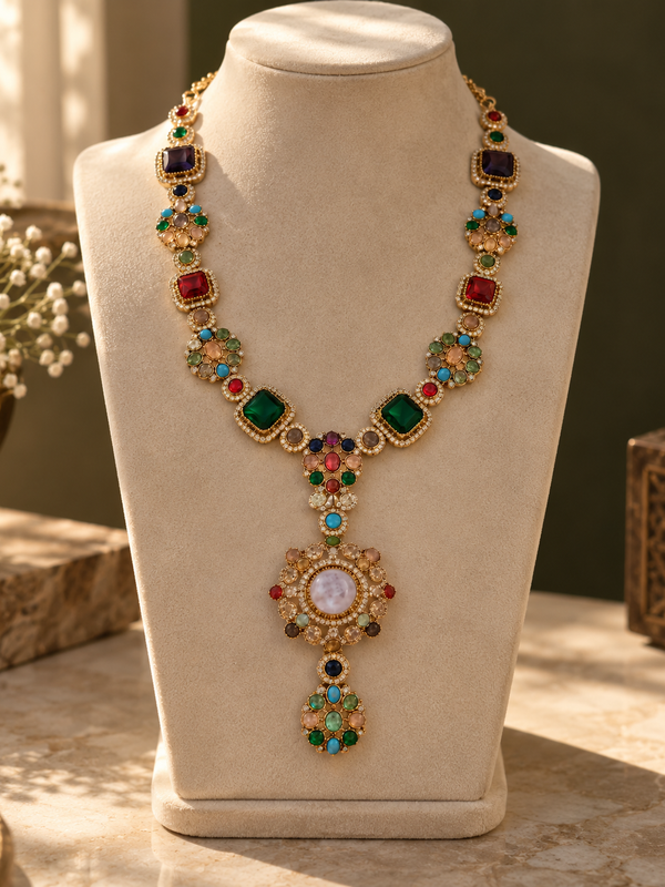 Mehr Navratna Long Necklace & Earrings Set
