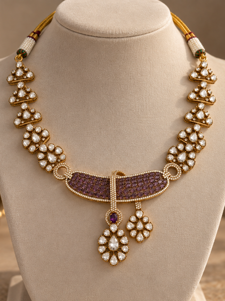 Afsana Amethyst Polki Necklace & Earrings Set