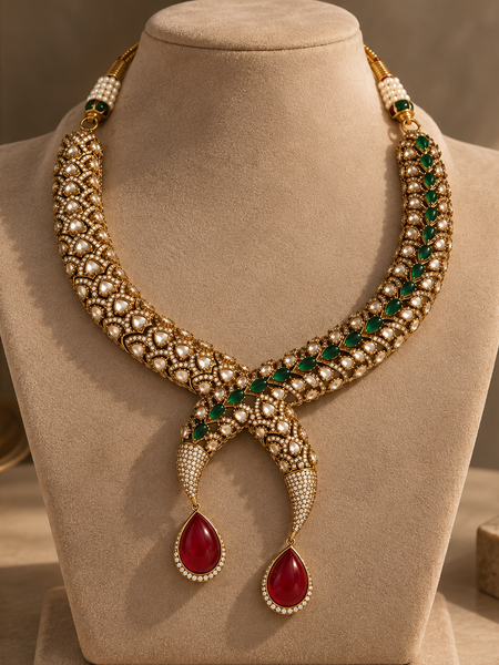 Aariz Ruby Polki Necklace & Earrings Set