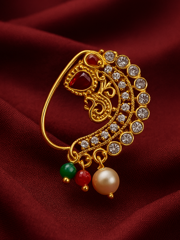 Sparkling Ruby & Pearl Gold Maharashtrian Nath