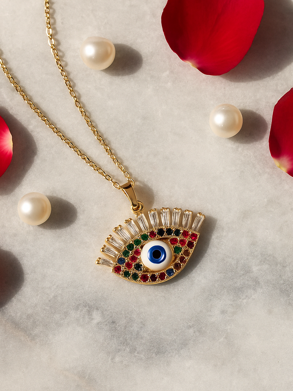 Evil Eye Pendant Necklace – Gold Polished, Adjustable Chain, Colourful Stones | Protection Jewelry