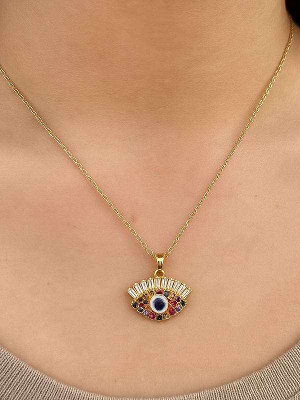 Evil Eye Pendant Necklace – Gold Polished, Adjustable Chain, Colourful Stones | Protection Jewelry