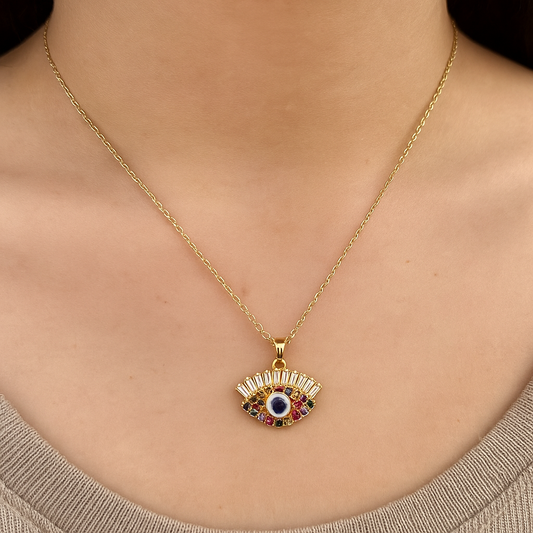 Evil Eye Pendant Necklace – Gold Polished, Adjustable Chain, Colourful Stones | Protection Jewelry