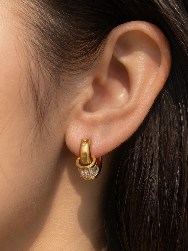 Halo Baguette Hoop Earrings