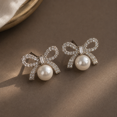 Colette Pearl Bow Stud Earrings (Silver)