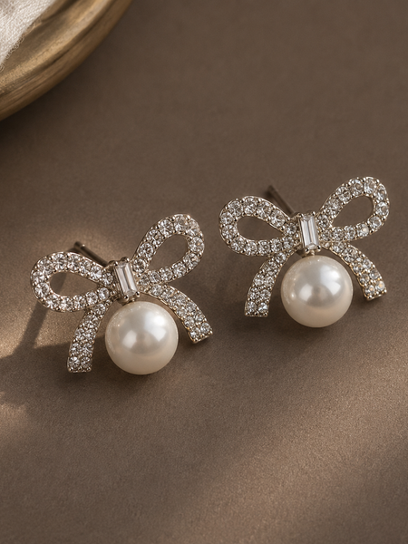 Colette Pearl Bow Stud Earrings (Silver)