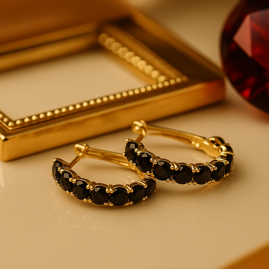 Black Stone Gold Mini Hoop Earrings