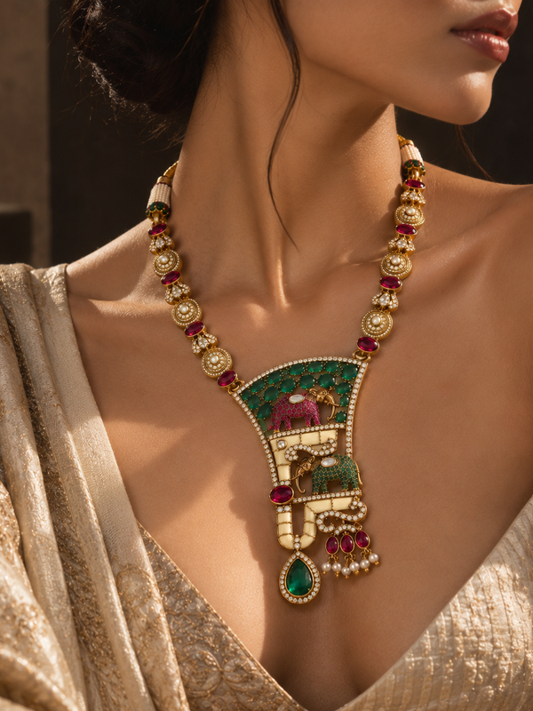 Gajraaj Emerald & Ruby Elephant Necklace Set